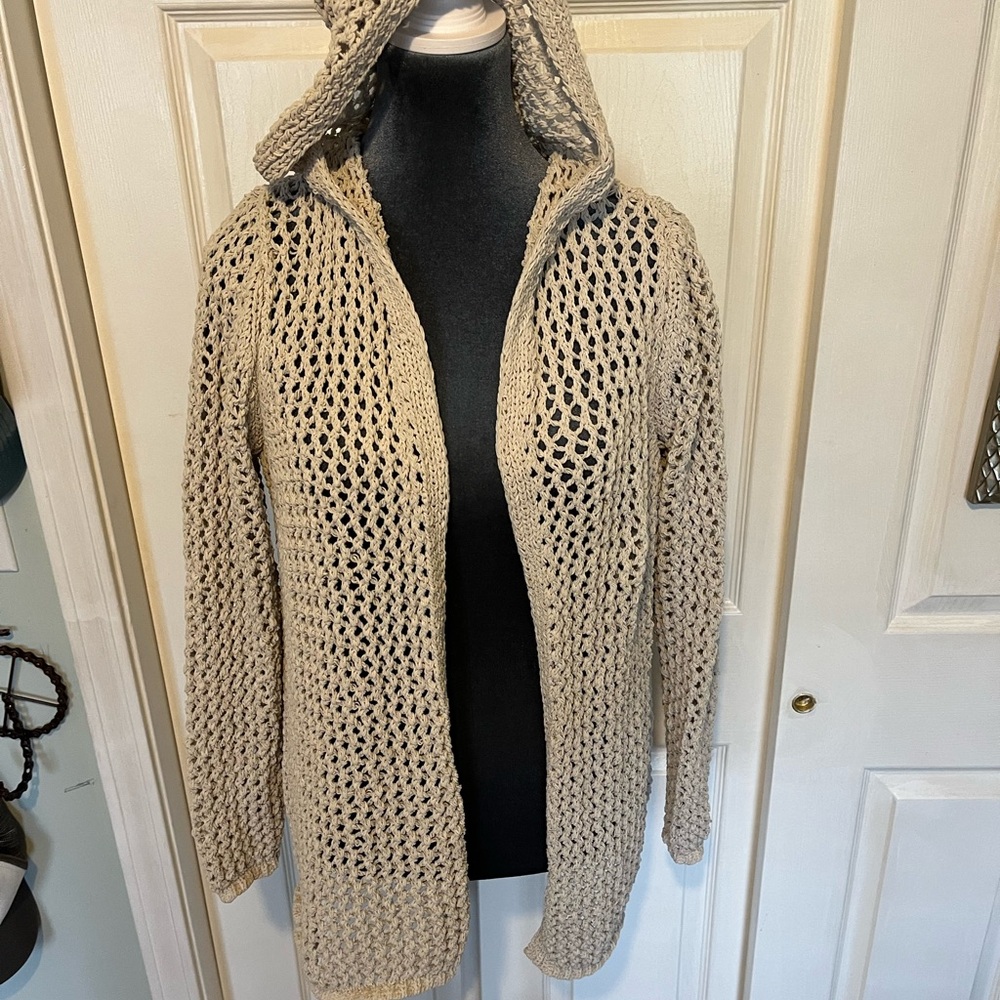 Nicole Miller Beige Open-Knit Hooded Cardigan